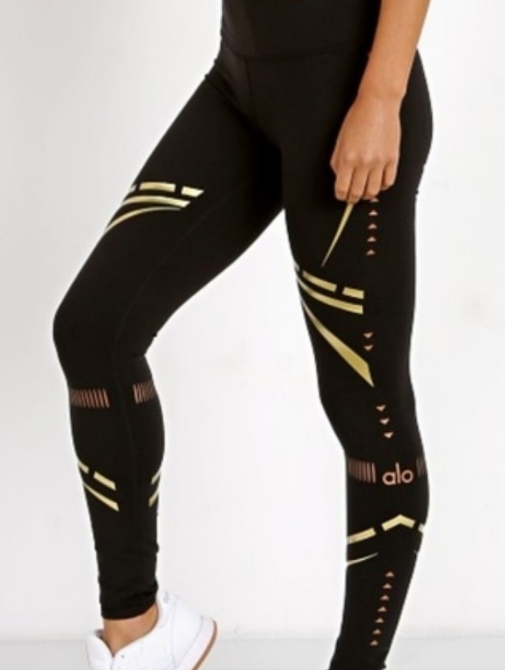 ALO Yoga Black Leggings with Gold Graphic Accents